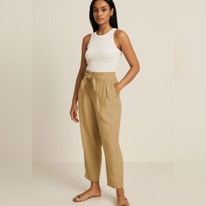 Beige Belted Linen Trousers